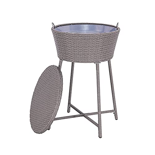 ABBLE Wicker Patio Ice Cooler Table Cool Bar Outdoor Patio Furniture Side Table with Beer and Wine Cooler Grey