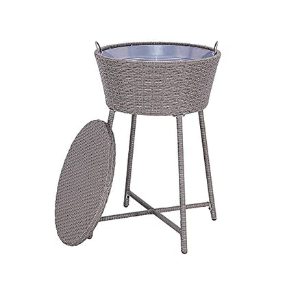 ABBLE Wicker Patio Ice Cooler Table Cool Bar Outdoor Patio Furniture Side Table with Beer and Wine Cooler Grey