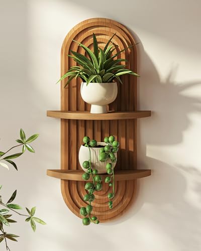 Bamworld Boho Wall Decor Plant Wall Shelf Wood Plant Holder 2 Tier | Mid Century Modern Decor Hanging Plant Shelf Wooden Floating Shelves for Home Bedroom Living Room Holding Planter Decoration - color: Brown - Matte, size: 16.7'' -1 Pcs