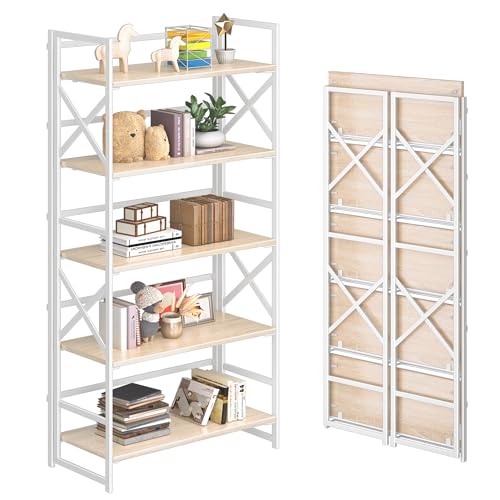 4NM 5 Tiers No Assembly Book Shelves, 51.2" H Folding Bookshelf Bookcase Open Industrial Foldable Shelves for Bedroom, Living Room, Home Office - Natural White - color: Natural White, size: XX 5-Tier