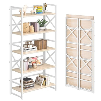 4NM 5 Tiers No Assembly Book Shelves, 51.2" H Folding Bookshelf Bookcase Open Industrial Foldable Shelves for Bedroom, Living Room, Home Office - Natural White - color: Natural White, size: XX 5-Tier
