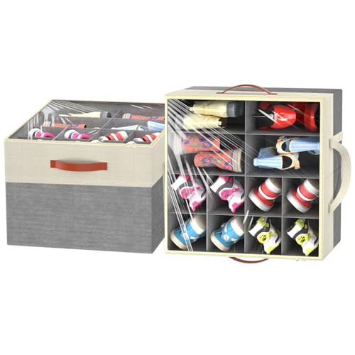 2 Pack Shoe Organizer for Closet, Stackable Shoe Storage Box, Beige & Grey | Fits up to 32 Pairs, Space Saving, Foldable, Shoes Organizer Bin with Clear Cover, 4 Reinforced Handles - color: Beige and Grey, size: Fits up to 32 Pairs