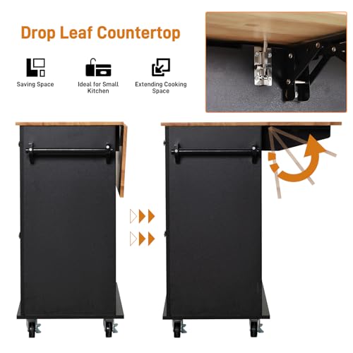 Squireewo 59" Kitchen Cart with Wood Top and Drop Leaf Breakfast Bar, Rolling Mobile Kitchen Island Table on Wheels with Drawer and Storage Cabinet, Spice Rack, Towel Rack, Black - size: 59"W