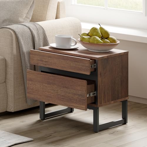 WAMPAT Modern End Table with 2 Drawers, Farmhouse Sofa Table with Black Square Iron Leg, Wood Rustic Side Table for Living Room, Nightstand for Bedroom, Brown, 17.7''L x 15.5''W x 19.8''H - color: Brown