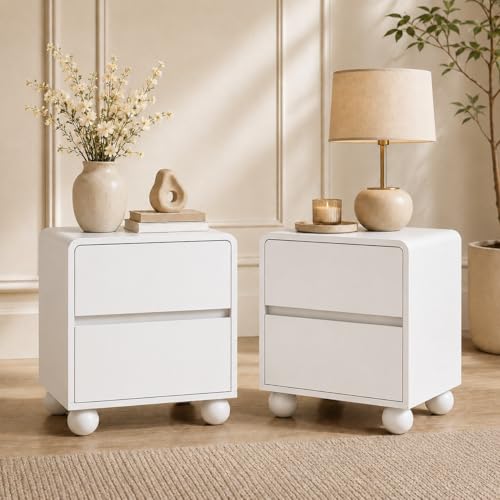 Furniway White Nightstand Set of 2, Modern 2 Drawer Bedside Table with Curved Profile Design and Handle-Free Drawers, Modern End Table with Storage for Bedroom - color: White, size: 15.7"D x 18.9"W x 20.5"H (2 Pieces)