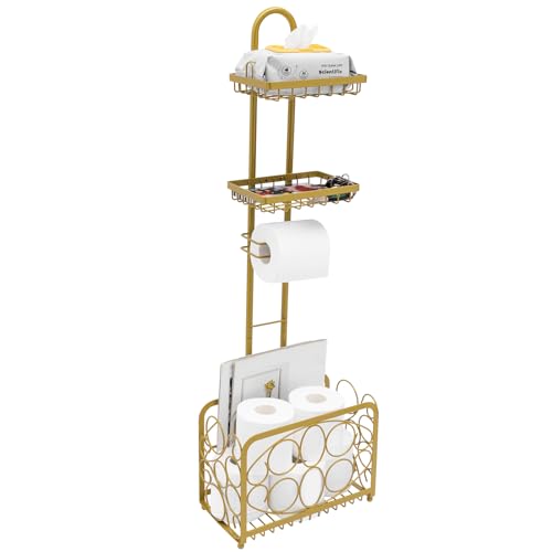Oasis Creations Toilet Paper Holder Tissue Rack Stand with Magazine Toilet Roll Storage Basket- Freestanding, Gold Metal - color: Gold