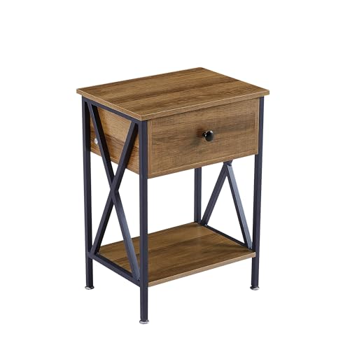 VECELO Nightstand,Modern Bedside End Table, Night Stand with Drawer and Storage Shelf for Living Room Bedroom, Industrial Metal Frame - color: Walnut Brown, size: Set of 1