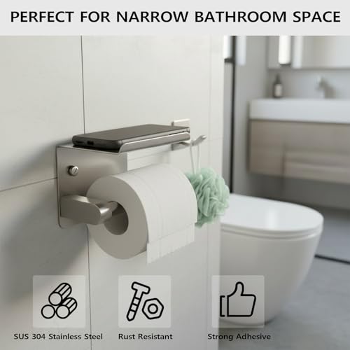 Toilet Paper Holder with Phone Shelf, Tissue Roll Holder with Storage Shelf | Adhesive or Screw Wall Mount Toilet Tissue Roll Holder for Bathroom Washroom, With 5 Stainless Hook, Rustproof, Silver