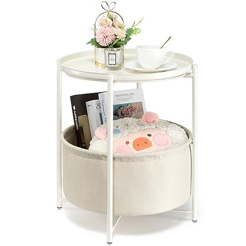 danpinera Round Side Table with Storage Basket, Nightstand Coffee Table | Metal Small Stand for Small Space, Living Room, Bedroom, Nursery Room, Modern Nightstand with Serving Tray, White - color: White