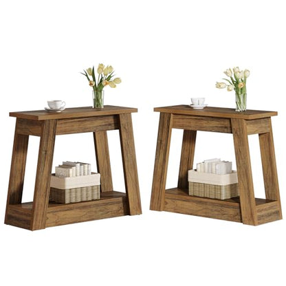 Tribesigns Wood End Table, Small Side Table with 2 Storage Shelves, Rustic Accent Narrow Nightstand for Living Room, Bedroom (2, Rustic Brown) - color: Rustic Brown