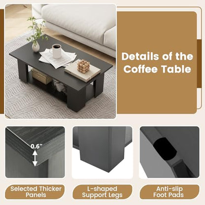 POWERSTONE 41 Inch 2-Tier Coffee Table with Storage Shelf, Wood Farmhouse Center Table with L Legs & Extra Bottom Support for Living Room, Black - color: Black