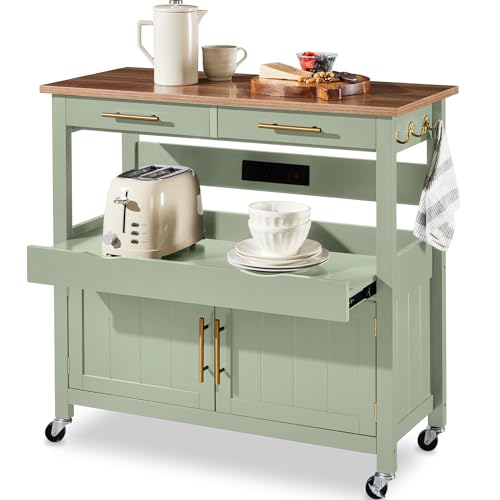 Best Choice Products 36in Large Rolling Kitchen Island Cart, 2-Door Cabinet, 2 Drawers, Pull-Out Shelf, Power Outlet, Hooks, & Swivel Lockable Wheels - Pistachio Green - style: Pistachio Green