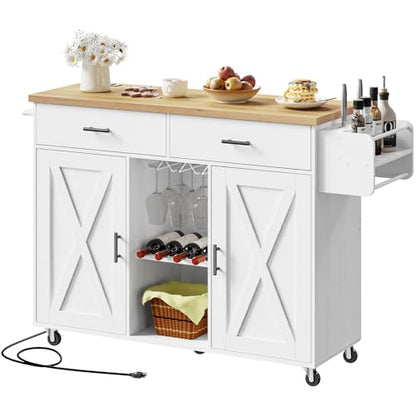 HOOBRO Kitchen Island with Power Outlet, Rolling Kitchen Island on Wheels, Island Table with Storage Cabinet, 2 Drawers, Spice Rack and Towel Rack, White and Natural WN14UZD01