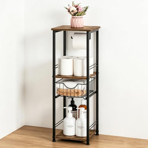 Bathroom Storage Shelf Floor Standing Toilet Storage Cabinet with Drawer | 3 Tier Narrow Shelving Unit, Open Storage Shelves, Adjustable Feet, for Small Spaces, Laundry Room, Kitchen, Rustic Brown