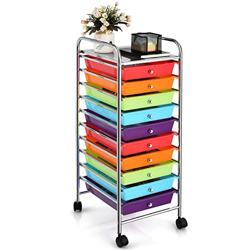 GLACER 10 Drawers Rolling Cart, Storage Cart with w/Removable Drawers & Steel Frame, Utility Mobile Trolley w/Universal Casters & 2 Brakes, Organizer Cart for Home, School, Office (Multicolor) - color: Multicolor, size: 10 Drawers (Small)