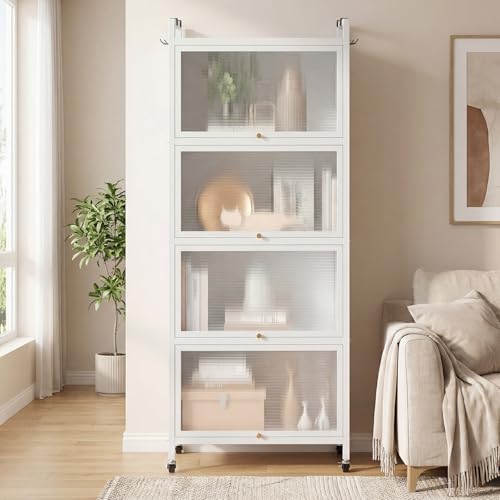 LDAILY 5-Tier Kitchen Storage Cabinet, Mobile Microwave Stand with Metal Frame, Double Anti-toppling Device, 4 Rolling Casters, Freestanding Bakers Rack for Kitchen, Dining Room, Living Room (White) - color: White