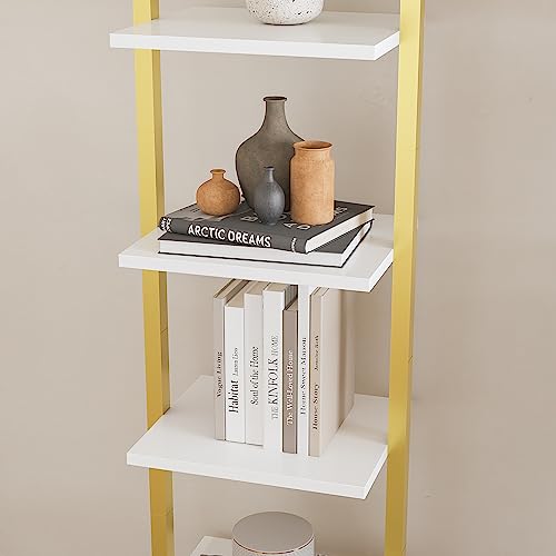 YMYNY 5 Tiers Ladder Bookcase, Industrial Wall Mounted Bookshelf, Open Display Rack with Metal Frame, Wooden Storage Shelves for Bedroom, Home Office, Living Room, White+Gold, 70*17.3*11.8"UHBC015W - color: White and Gold