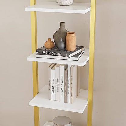 YMYNY 5 Tiers Ladder Bookcase, Industrial Wall Mounted Bookshelf, Open Display Rack with Metal Frame, Wooden Storage Shelves for Bedroom, Home Office, Living Room, White+Gold, 70*17.3*11.8"UHBC015W - color: White and Gold