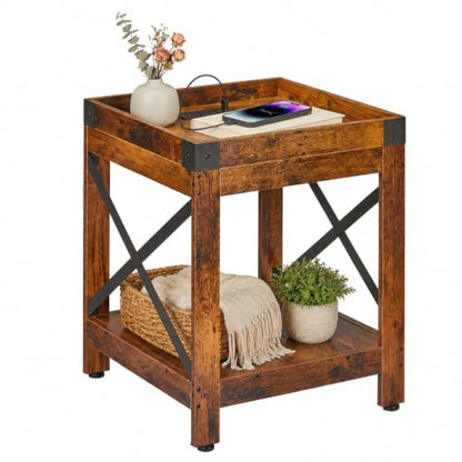 Farmhouse Side Table with Charging Station,2-Tier Square End Table | 2-Tier Shelf Modern Sofa Couch Table Bedside Nightstand With X-Frame for Living Room Bedroom Office Small spaces,Rustic Brown - color: Rustic Brown, style: With Outlets
