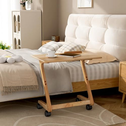 TV Tray Table, TV Dining Table with Casters for Small Spaces, Solid Wood End Table, Sofa Couch Side Table Removable Snack Tray for Coffee Bed Sofa Eating Writing Reading Living Room Bedroom - color: Natural