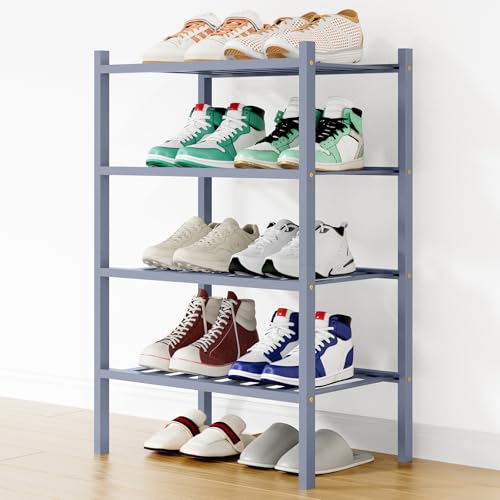 Smiry Bamboo Shoe Rack, 12 Vertical Slats, 4 Tier - 17.3" Wide, Grey | Stackable Free Standing Wooden Shoe Organizer, Wood Shoe Storage Shelf for Closet, Entryway - color: Grey, size: 17.32" Wide - 4 Tier - Regular