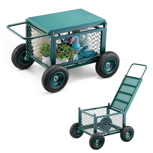 VEVOR Rolling Garden Cart with Seat, Metal Rolling Garden Work Seat with Wheels, Supports up to 400 LBS, Heavy Duty Gardening Cart Scooter, Outdoor Wagon & Stool on Wheels for Lawn, Patio, Backyard - color: Green & Black