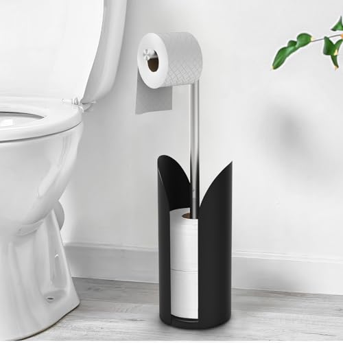 Toilet Paper Holder Stand for Bathroom, Stainless Steel Freestanding Rustproof Tissue Roll Holder with Storage Splash Guard, Holds 5 Rolls, Modern Black Bathroom Organizer, 21 Inch