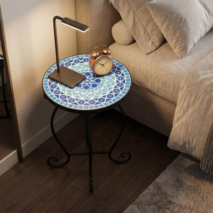 Giantex Outdoor Side Table, Mosaic Patio Table, 12inch Accent Table Plant Stand Indoor, Mosaic Ceramic Tile Top Metal Frame, Small End Table Porch Beach Patio Garden Balcony Poolside - style: Ocean