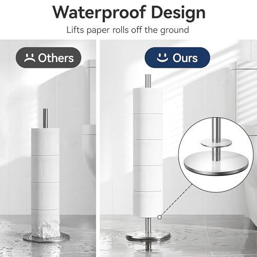 Freestanding Toilet Paper Holder with Shelf,5 Roll Storage,Brushed Nickel | Holds 5 Toilet Paper Rolls,Rustproof Stainless Steel,Waterproof Storage Shelf,Freestanding No Drilling Design,Easy Assembly - color: Brushed Nickel