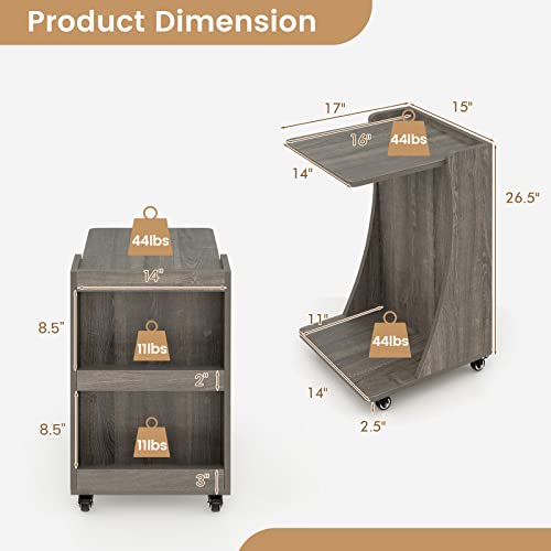 Tangkula C-Shaped End Table, Small Sofa/Couch Side Table Snack Table with 3-Tier Back Compartment, Wheels with Brakes, Modern Rolling Nightstand for Living Room, Bedroom, Small Space (1, Grey)