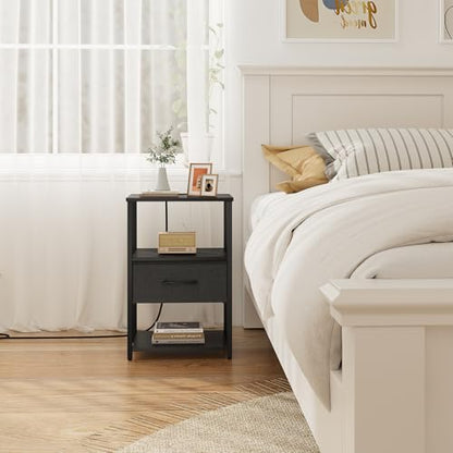 TUTOTAK Nightstand Set of 2, Night Stand with Charging Station, End Table, Bedside Table with Fabric Drawer, Side Table for Livingroom and Bedroom, Black TB01BK0692 - color: Black, style: Plug
