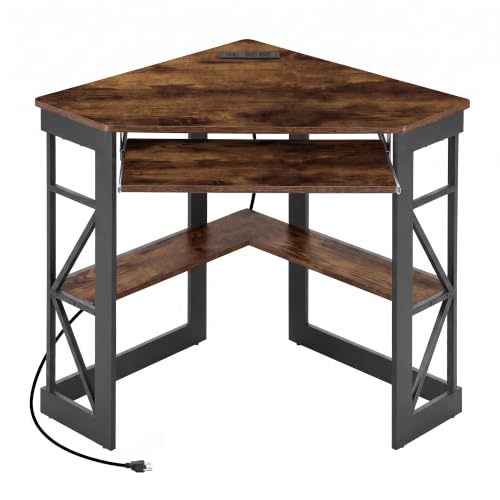 VECELO Corner Desk, Triangle Computer Desk for Small Space with Charging Station and Keyboard Tray, Corner Makeup Table with Storage Shelves for Home Office Bedroom, 41x30, Vintage Brown - color: Vintage Brown, size: 28" x 41" x 30"