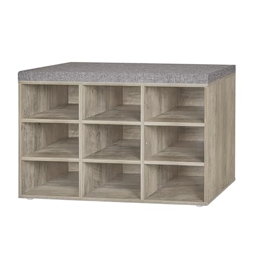 Shoe Storage Bench with Cushion, 31.5" Cubby Shoe Rack, 9 Cubbies | Entryway Shoe Organizer Bench, Adjustable Shelves for Boots, Removable Washable Cushion, Closet/Hallway/Bedroom, Gray Wash - color: Gray Wash, size: 9 Cubby
