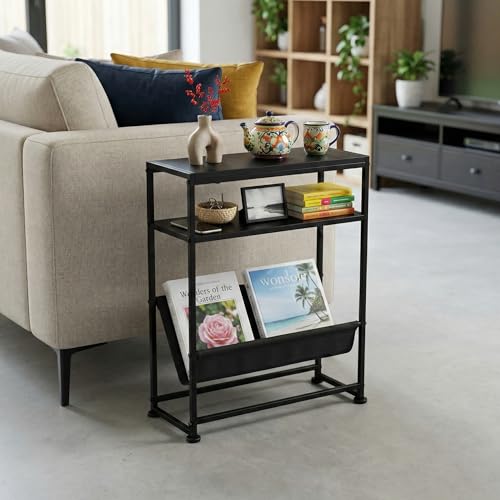 Narrow End Table for Small Spaces - Slim Side Table with Magazine Holder,2 in 1 Design Narrow Coffee Table Living Room,Skinny Bedroom Nightstand Thin Side Magazine Table,Black - color: Black