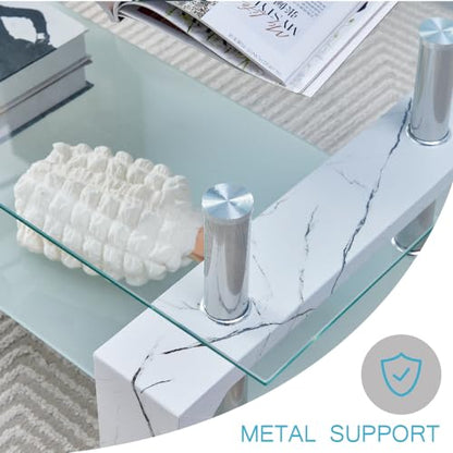 Btrpily Living Room Rectangle Coffee Table, Tea Table Suitable for Waiting Room, Modern Side Coffee Table with Wooden Leg, Glass Tabletop with Lower Shelf, Marble - color: Marble