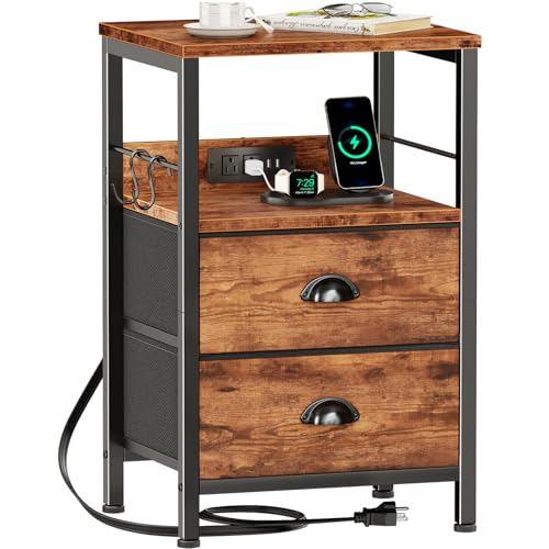 Furologee End Table with Charging Station, Nightstand with Fabric Drawers, Side Table with USB Ports & Outlets, Night Stand with Storage Shelf & Hooks, for Living Room/Bedroom, Rustic Brown - color: Rustic Brown, size: 1 pc