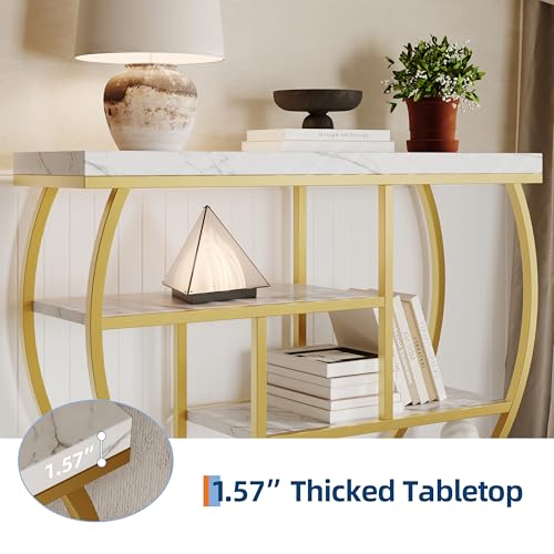 Garvee Entryway Table with Storage, Industrial 4-Tier Narrow Console Table Behind Couch with Half-Circle Base & Storage Shelves for Living Room, Hallway, Foyer - color: Gold & White