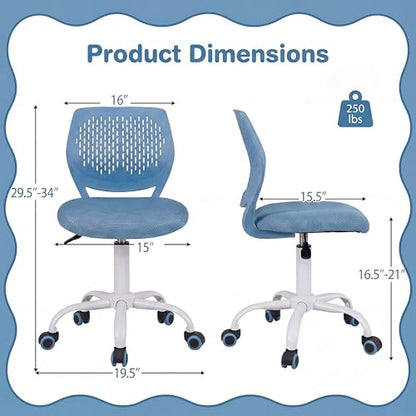 Costzon Kids Desk Chair, Armless Height Adjustable Kids Computer Chair w/Elastic Sponge Filling, Ergonomic Backrest & Sturdy 5-Point Wheels, Children Rolling Swivel Chair for Studyroom (Blue) - color: Blue