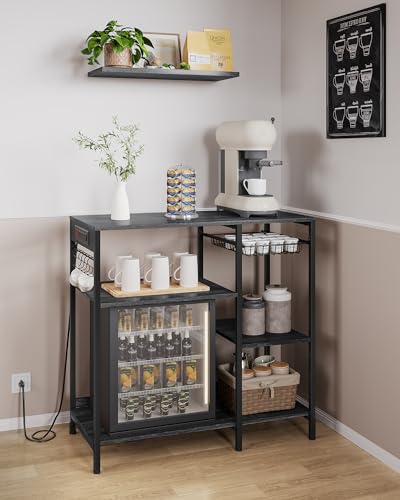VASAGLE Baker's Rack, Coffee Bar Stand with Charging Station, 35.6 Inches Tall, Storage Shelves, Pull-Out Wire Basket, Table for Microwave, Kitchen, Charcoal Gray and Ink Black UKKS036B22 - color: Charcoal Gray + Ink Black, style: With Power Outlet