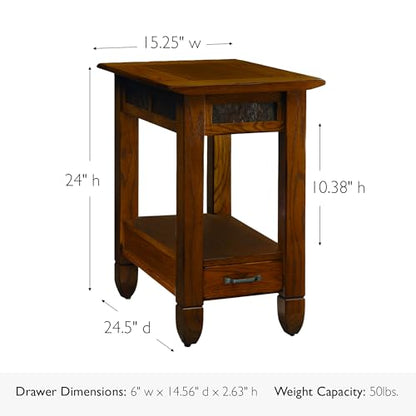 Leick Home Sibley End Table, Solid Wood, 1 Storage Drawer, Slate Tile Details, Bottom Display Shelf, Easy-Assembly, For Living Room/Bedroom, Rustic Oak, 24.5 in. L x 15.25 in. W x 24.0 in. H , 10906 - color: Rustic Oak