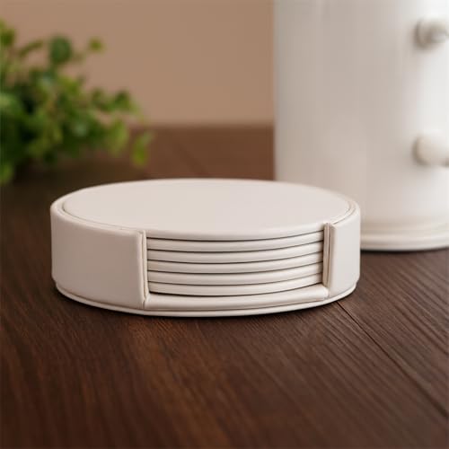 Leather Coaster Set - 4.3 Inch Round Desk Drink Pads for Hot & Cold Beverages, Office & Home Use (White) - color: White