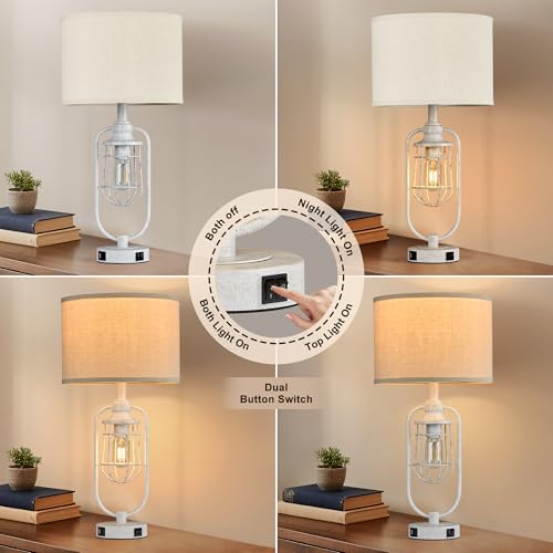 Farmhouse Table Lamps for Living Room Set of 2, Lamps for Night Stands Set of 2, Industrial Bedside Lamps for Bedroom Nightstand with USB A+C, Bulbs Included - color: White