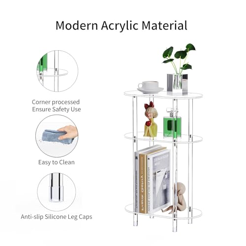 Clear Acrylic Narrow Side Table for Small Spaces, 15.75" L x 7.87" W x 24.6" H, 3 Tier Oval Slim End Table Nightstand, Small Minimalist Skinny Bedside Table for Bedroom, Bathroom, Living Room - size: 3 Tier 1-Pack 24.6"H