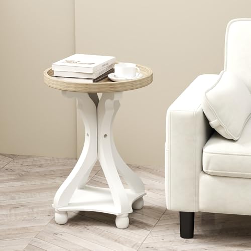 Accent Wood Farmhouse End Table, Round Side Tables, Nightstand Natural Tray Top and Distressed Carved Legs for Bedroom Living Room, White - size: 1-pc, style: Round