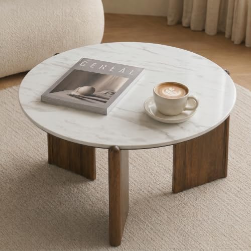 Round White Marble Coffee Table with Three Walnut Wood Legs, Modern Accent Center Table for Living Room Home Decor, Office - color: White