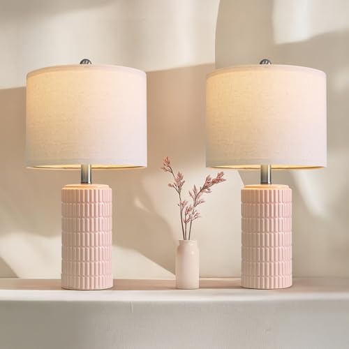 PoKat 20.75" Pink Ceramic Table Lamps Set of 2, Small Modern Bedroom Lamps for Girls Room, Bedside Lamps for Night Stands, Cute Lamps for Living Room Decor, Nightstands Desk Lamp, Light Pink - color: 20.75'' Small - Light Pink