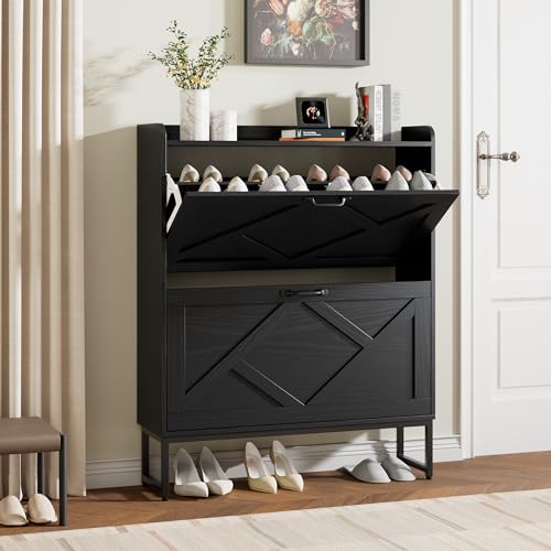 Nicetree Shoe Storage Cabinet with 2 Flip Drawers, Entryway Cabinet, Black | Slim Shoe Cabinet with Metal Legs, Narrow Farmhouse Shoe Organizer for Entryway, Foyer, Hallway, Wood Shoe Rack with Hook - color: Charcoal