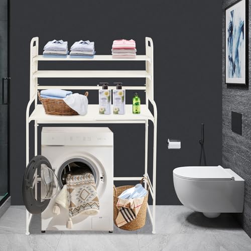 Adjustable Laundry Room Shelf, White Washing Machine Shelf, 3-Tier Washing Machine and Dryer Storage Rack, Laundry Room Space Saving Organizer with Hooks for Balcony