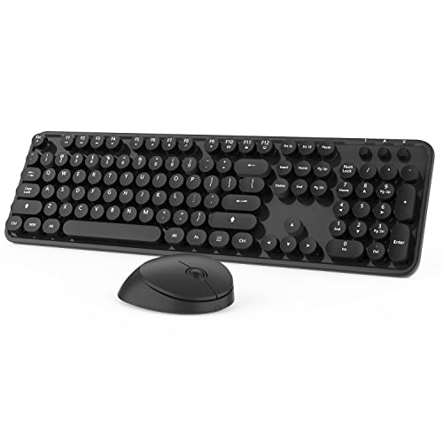 Wireless Keyboard and Mouse, KOOTOP Cute Black Keyboard and Mouse, 2.4G Wireless Keyboard with Retro Round Keycap for PC, Mac, Laptop,Tablet,Computer Windows (Black) - color: Black