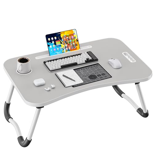 Folding Lap Desk, 23.6 Inch Wood Laptop Bed Desk with Cup Holder, Portable Bed Table for Working Writing Reading, Eating for Bed, Floor, Sofa, Couch - Grey - color: Gray